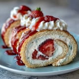 A hand holds a Strawberry Shortcake Sushi Roll piece above a platter drizzled with white chocolate.