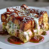 Monte Cristo Breakfast Casserole with savory ham and turkey baked to bubbly perfection.