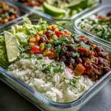 Colorful Meal Prep Burrito Bowl Base ingredients arranged in a meal prep tray with fresh avocado, salsa, and lime.