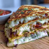 Golden mini quesadilla triangles filled with melted cheddar and mozzarella, served with fresh tomato salsa for a fun lunch.  