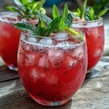 Vibrant dragon fruit lemonade with chia seeds, served over ice with lemon garnish.