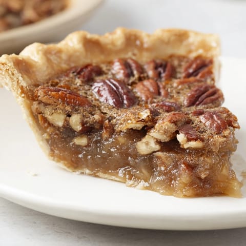 Golden pecan pie glistens, showing off a buttery crust and rich, syrupy filling.