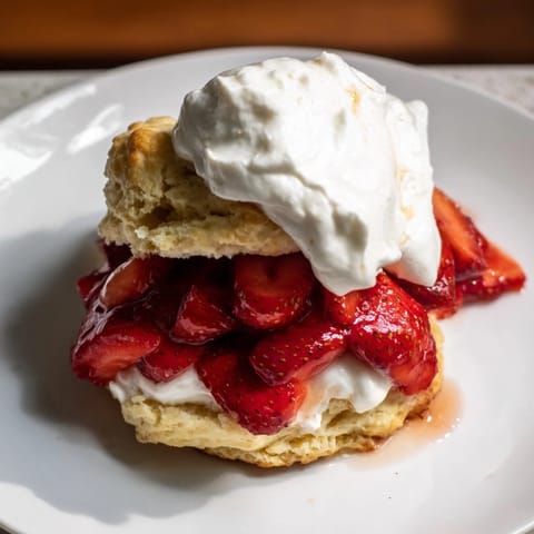 Golden-brown strawberry shortcake biscuits layered with sweet strawberries and fluffy cream; delicious!