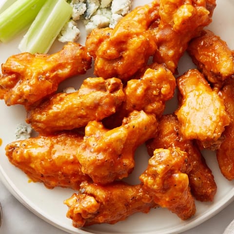 Vibrant photo of crispy, saucy Buffalo wings, piled high with a side of creamy blue cheese dip.