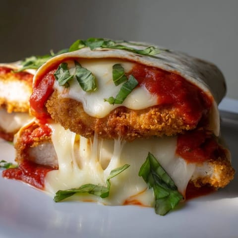 Golden-brown Crispy Chicken Parm Wrap cut in half, revealing juicy chicken, rich marinara, and gooey melted cheese inside.  