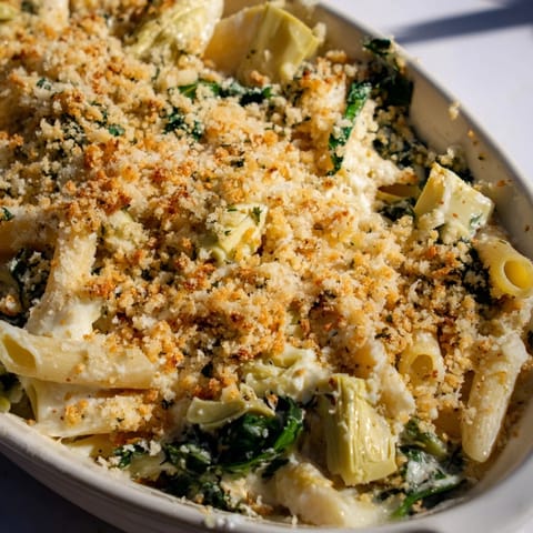 Golden-brown Artichoke Pasta Bake bubbling in a casserole dish, revealing creamy Parmesan sauce with tender penne, wilted spinach, and marinated artichoke hearts.