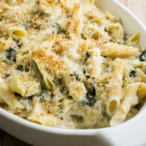 Hearty Artichoke Pasta Bake served in a white bowl, topped with crispy breadcrumbs and extra Parmesan, alongside a fresh green salad for a complete meal.