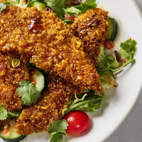 Golden chicken strips drizzled with spicy hot honey top a vibrant bowl of Crispy Hot Honey Chicken Salad.