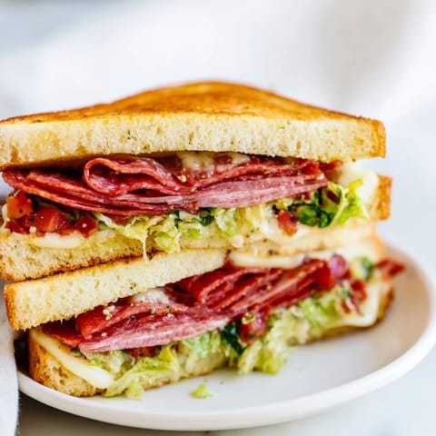 A close-up of the Italian Sub Grilled Cheese, showcasing melted provolone oozing from golden, buttery bread layered with salami and pepperoni. 
