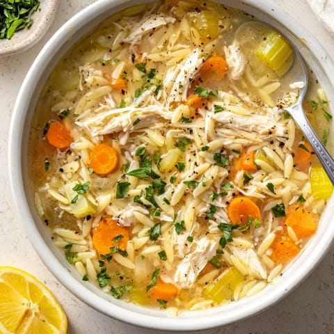 This Lemon Pepper Chicken Orzo Soup has steaming broth, orzo pasta, and fresh parsley garnish.