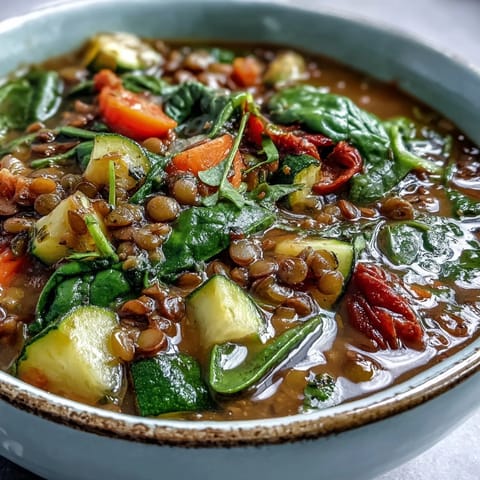 A steaming bowl of Lentil and Vegetable Soup, featuring tender brown lentils, diced carrots, celery, and fresh spinach in a savory tomato-based broth.