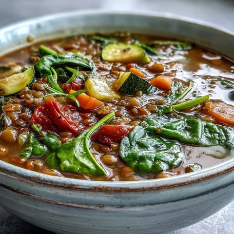 Hearty Lentil and Vegetable Soup garnished with fresh parsley and lemon wedges, served hot in a rustic ceramic bowl beside crusty bread.