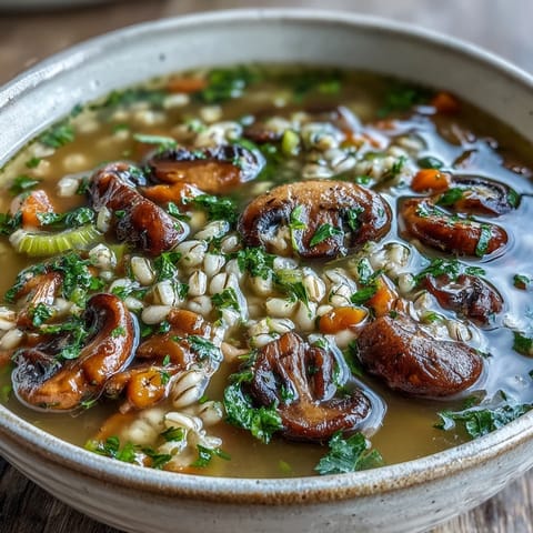 A warm bowl of homemade mushroom and barley soup, showcasing tender mushrooms and chewy barley in a savory broth.