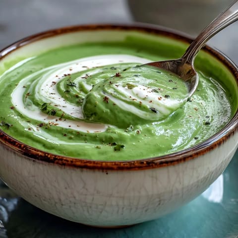 A close-up of creamy broccoli soup in a rustic bowl, garnished with chives and a swirl of cream, served warm.  
