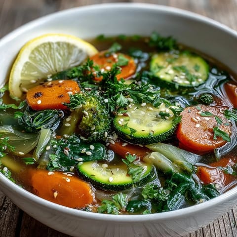 Warm Collagen-Boosting Broth Bowl with tender carrots and spinach in golden turmeric ginger broth.