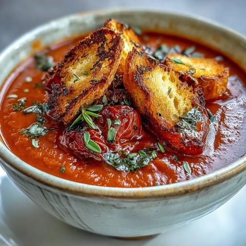 Roasted tomato soup with crispy croutons, served in a rustic ceramic bowl for a cozy, satisfying meal.