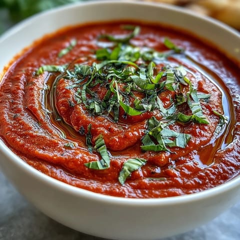 Creamy Tomato and Basil Soup served in a rustic bowl with crusty bread for dipping.