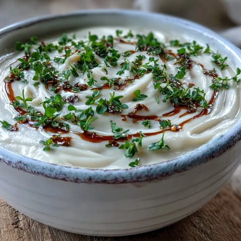 A warm bowl of Celery Root Bisque garnished with fresh chives and a swirl of cream.