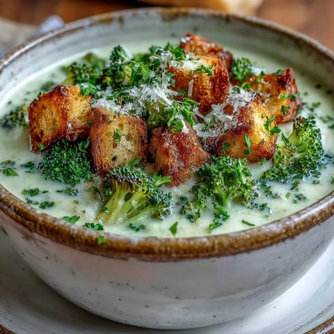 Freshly blended cauliflower and broccoli soup in a rustic pot, garnished with crunchy croutons and thyme sprigs.