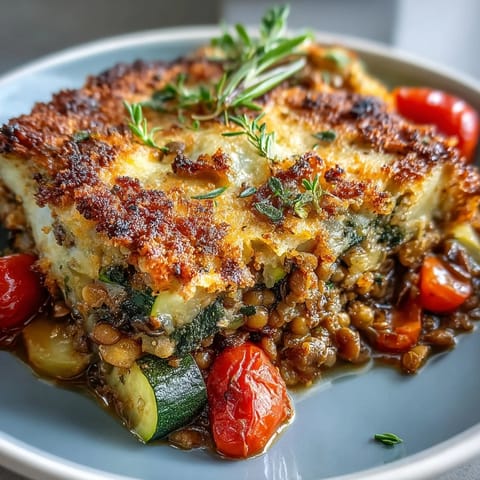 A rustic serving of Green Lentil and Vegetable Casserole on a plate alongside a crisp salad.