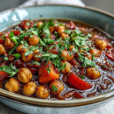 A bowl of Spicy Chickpea Stew garnished with fresh cilantro and lemon, served with crusty bread for dipping.