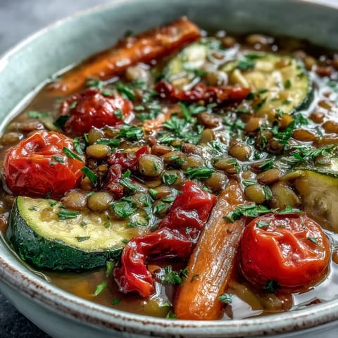 Top-down view of colorful roasted vegetables and lentils in a pot of Lentil and Vegetable Soup, ready to serve.