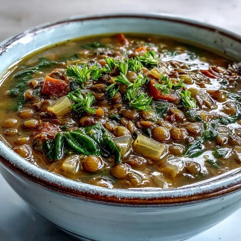 Steaming bowl of homemade lentil soup with vibrant carrots, celery, and wilted spinach in a rich broth.