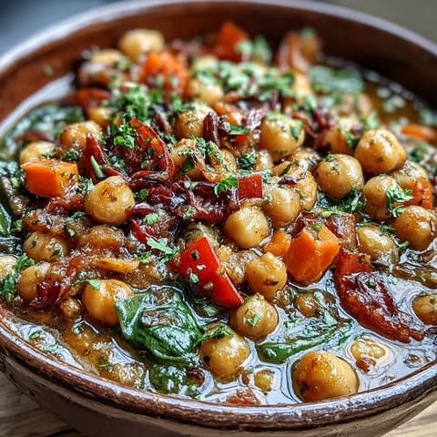 Steaming pot of hearty Chickpea Stew simmering on the stove with vibrant red bell peppers and zucchini.