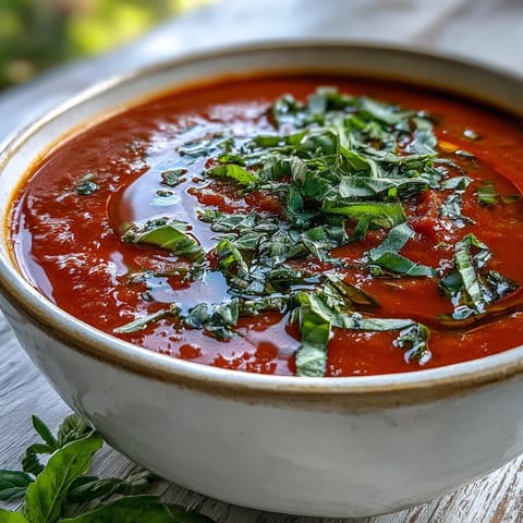 Creamy tomato and basil soup served hot with a drizzle of olive oil and fresh basil leaves.
