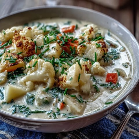 Steaming bowl of creamy Vegetarian Cauliflower Chowder topped with fresh chives and shredded cheese.