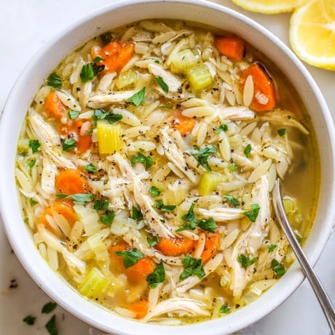 A comforting bowl of Lemon Pepper Chicken Orzo Soup, featuring tender shredded chicken and bright lemon notes.