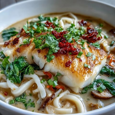 Fragrant bowl of Poached Cod With Spiced Coconut Broth and Udon Noodles, topped with fresh herbs and julienned carrots.