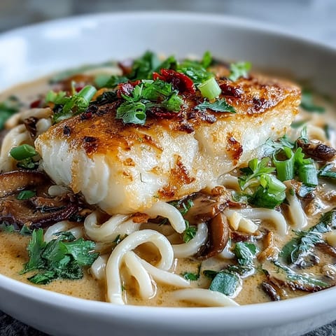 Silky udon noodles and tender cod in spicy coconut broth, garnished with green onions and served steaming in a ceramic bowl.