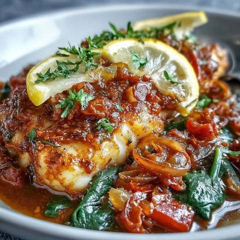 Fragrant Spiced Cod One Pot simmering with red and yellow peppers and onions in a tomato-based sauce.