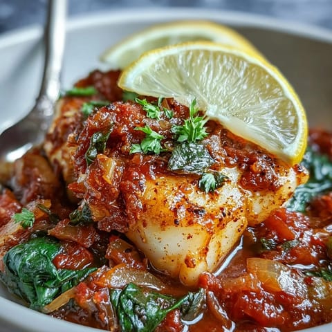 A fork-tender Spiced Cod One Pot fillet nestled among wilted spinach and lemon slices, ready to serve.