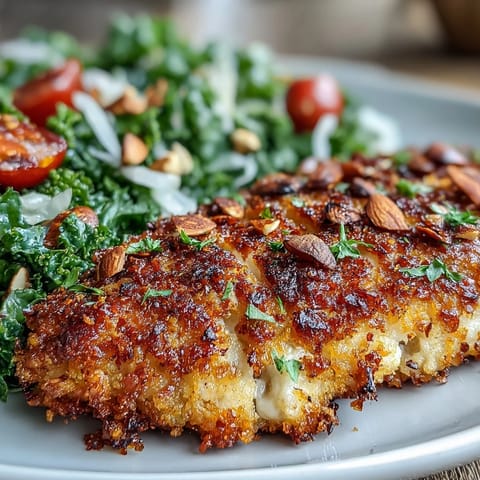 A close-up of baked almond-crusted chicken served with fresh kale salad featuring parsley and sumac.