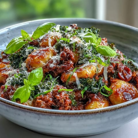 Hearty Sausage Gnocchi with Kale tossed in a spicy tomato sauce, with wilted kale and steam rising from the skillet.