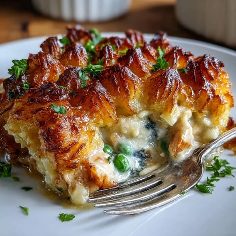 Freshly baked Curried Fish Pie with golden, fork-marked mashed potatoes, revealing a creamy curry sauce with flaky cod and sweet peas.