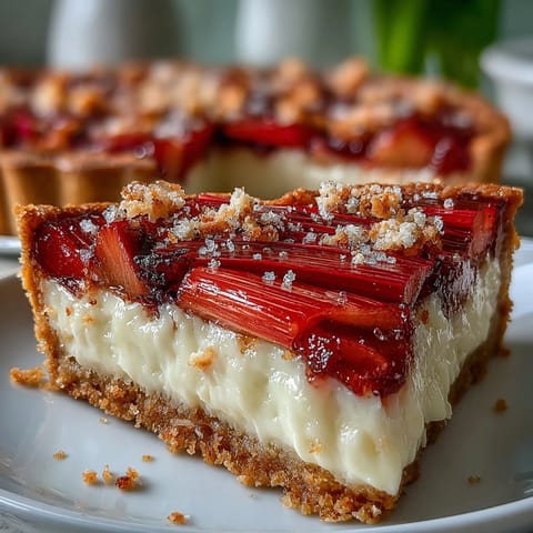 Close-up of a slice of Rhubarb, White Chocolate, and Elderflower Tart revealing the creamy custard and roasted rhubarb.