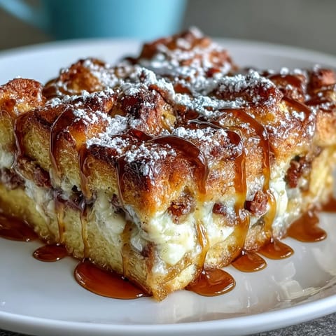 Golden brown Monte Cristo Breakfast Casserole, dusted with powdered sugar and drizzled with maple syrup.