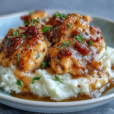 A slow cooker crock reveals Slow Cooker Honey Mustard Chicken with golden-brown edges, drizzled with extra tangy honey mustard sauce.