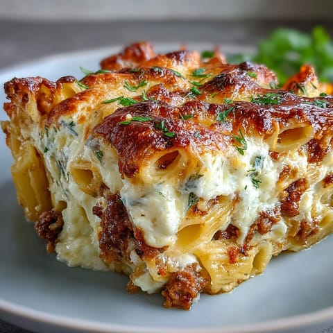 Freshly baked Cottage Cheese Protein Pasta Bake with ground beef, bubbling golden mozzarella, and rich tomato sauce in a casserole dish.
