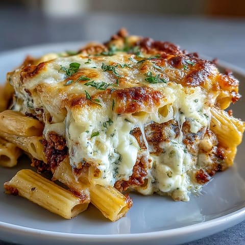 Cottage Cheese Protein Pasta Bake with ground beef served in a white dish, topped with fresh parsley and a rustic wooden spoon nearby.