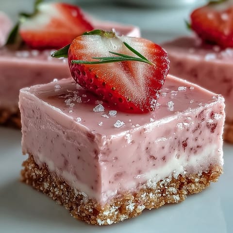 Graham cracker crust topped with No-Bake Strawberry Fudge Squares, garnished with fresh berries and powdered sugar on a rustic table.