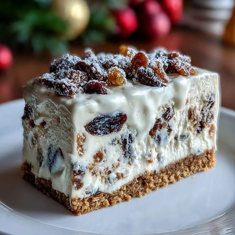 Golden squares of Christmas Cheesecake Slab topped with snowy icing sugar and a swirl of whipped cream. 
