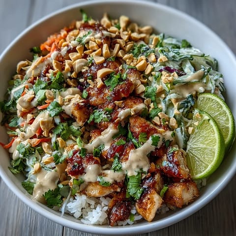 Sautéed chicken sits atop coconut rice, drizzled with creamy Thai-inspired peanut sauce for this protein-packed Peanut Chicken Protein Bowl.