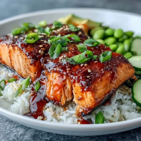 Pan-fried Honey Sriracha Salmon Bowl with flaky glazed salmon, fluffy jasmine rice, crisp cucumber, edamame, and avocado slices topped with creamy sriracha mayo drizzle.