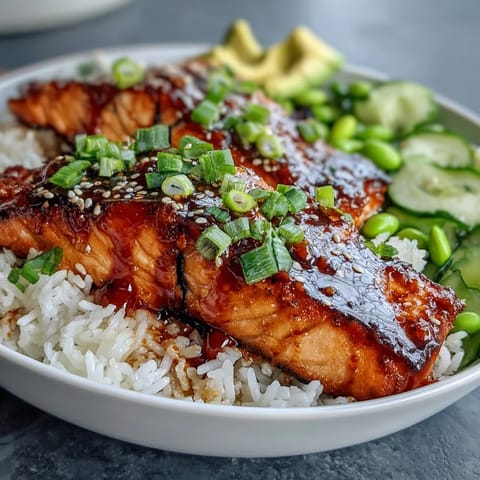 A vibrant Honey Sriracha Salmon Bowl featuring sweet and spicy salmon fillet over fluffy jasmine rice, loaded with crisp cucumber, edamame, and creamy avocado.