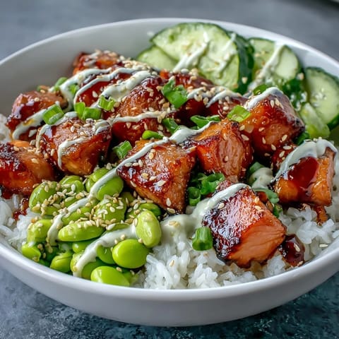 A finished Salmon Rice Bowl with avocado, edamame, and cucumber, drizzled with creamy orange sriracha mayo for a spicy kick.
