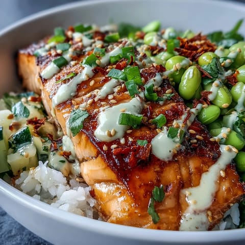 Flaky baked salmon rests on fluffy jasmine rice next to a crisp cucumber edamame salsa, drizzled with creamy spicy bang bang sauce.